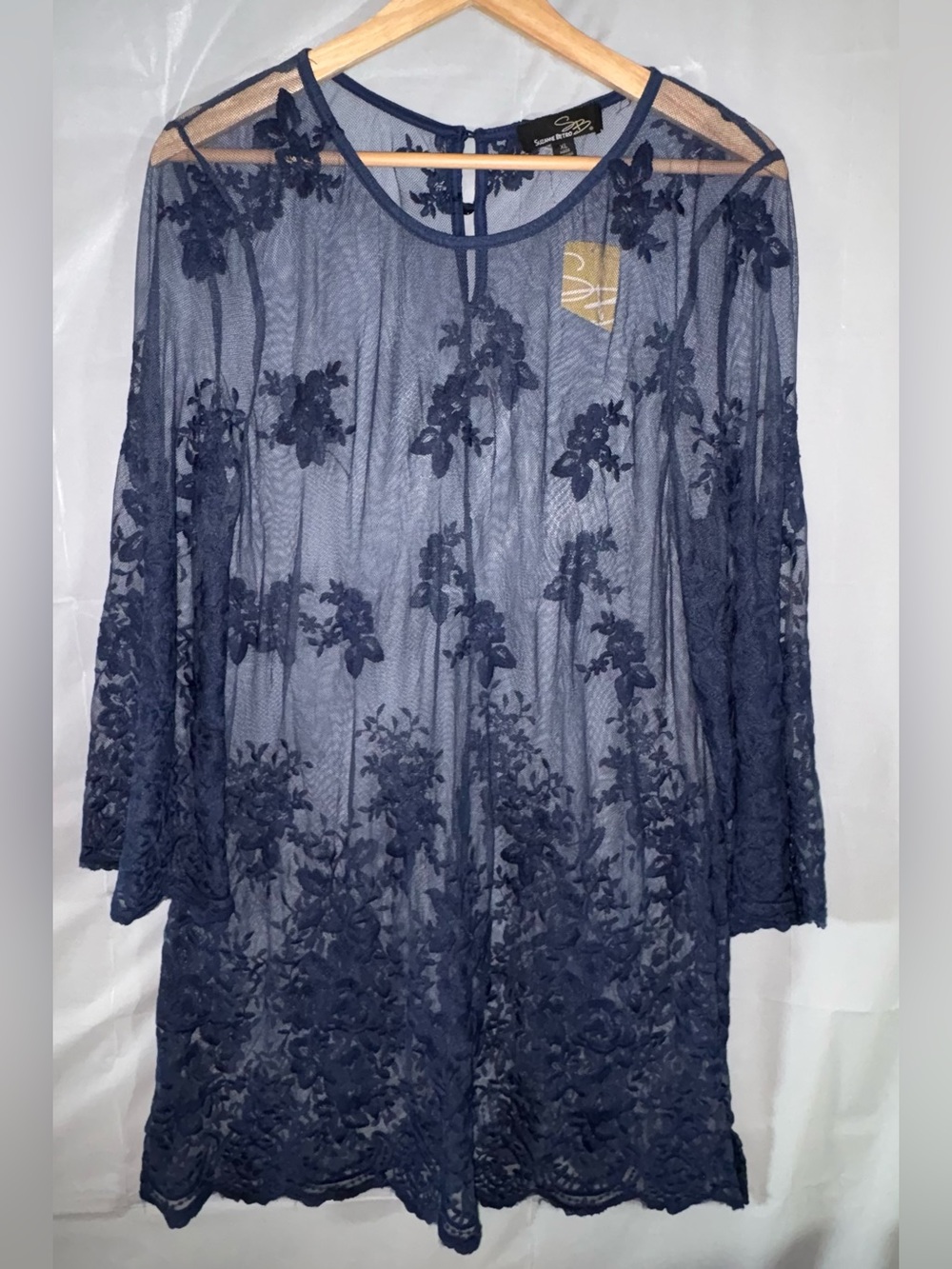 Suzanne Betro Long Sleeve Blue Floral Lace Tunic Top Sz XL Swim Coverup Pullover